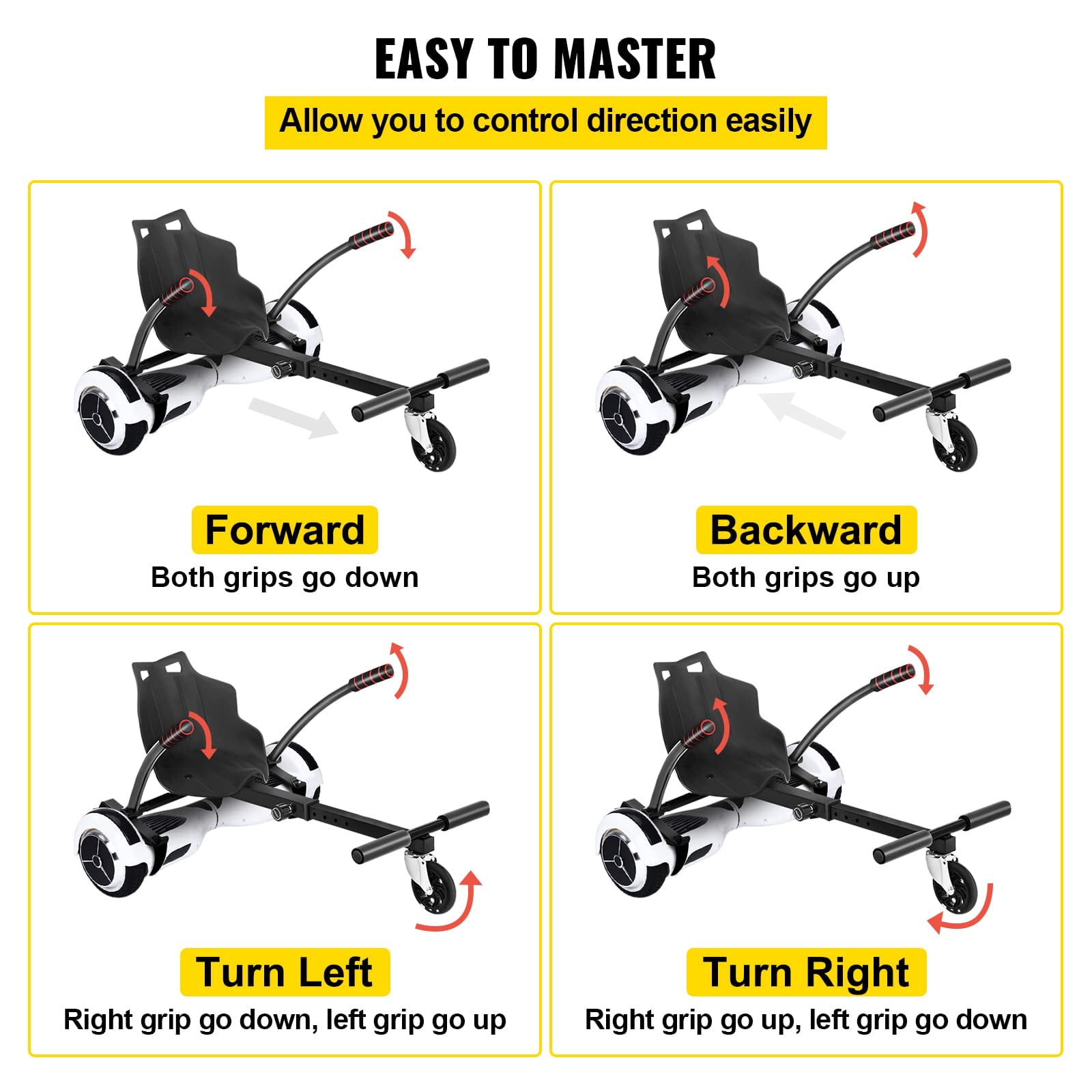 KFFKFF Hoverkart Seat Kit for 6.5'' 8'' 10'' Balance Scooters, Convertible Go-Kart with LED Lights for Children and Adults, Black, with Adjustable Frame
