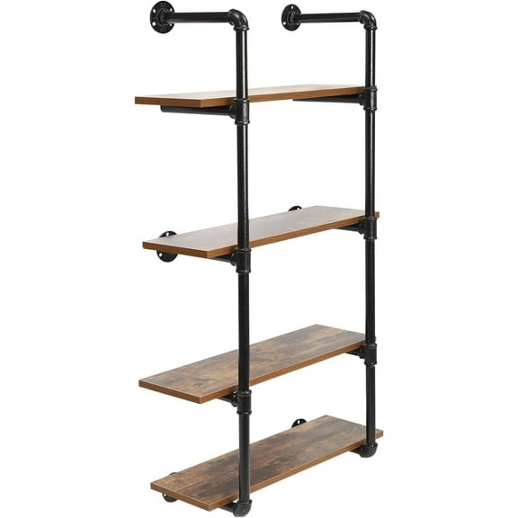 Industrial Pipe Shelving Wall Mounted Rustic Metal Floating Shelves, Wall Mount Bookshelf with Real Wood, Vintage Retro Wall Shelves for Kitchen, Bar, Office