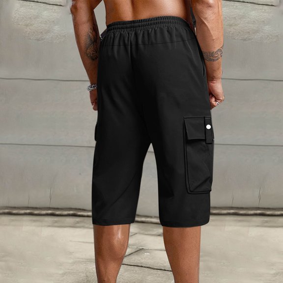 Athletic Cargo Shorts Mens Elastic Waist with Drawstring Outdoor Hiking Black M
