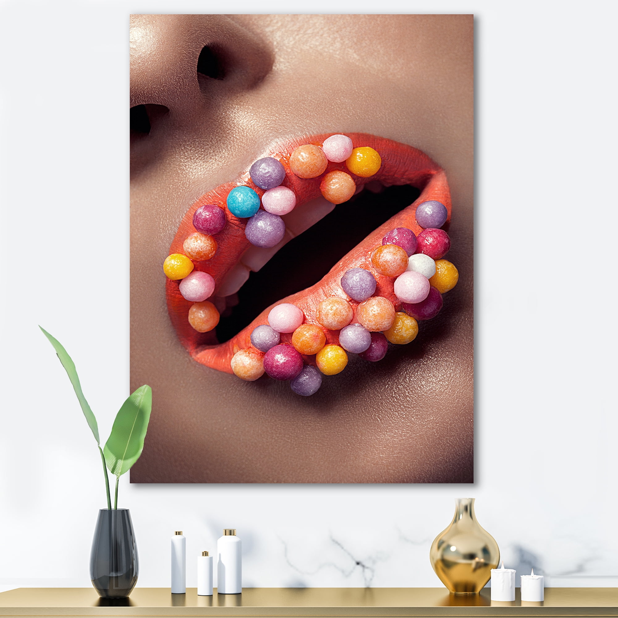 Designart ' Close Up of Creative Make Up On Woman Lips With Lolipops ' Modern Canvas Wall Art Print