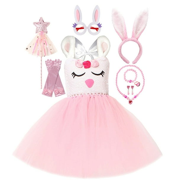 Vestido tutú de conejito rosa de Pascua para niñas pequeñas, disfraces de Cosplay de conejo blanco para niñas pequeñas, traje de tul para fiesta de cumpleaños, ropa 4-5T Gao Jinjia LED
