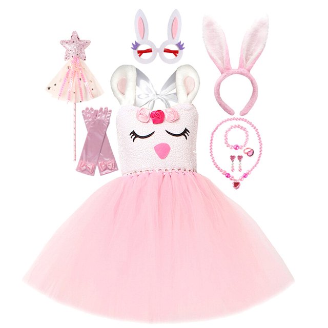 Lovely Baby Easter Tutu Dress Girls Cosplay White Rabbit Bunny Tulle Dress con orejas rosadas Hairbow Kids Birthday Party CostumeM (4-5T) Gao Jinjia LED