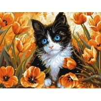 Cute Black White Cat Lying in Tulips Flower DIY 11CT Stamped Cross Stitch Kits for Beginners Easy Needlepoint Embroidery Counted Cross Stitch Art Craft for Wall Decoration 12x16inch(8)