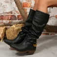 thumbnail image 3 of Slouchy Long Fall Boots for Women Retro Leather Chunky Heel Pull on Mid Calf Boots with Strappy Decor, 3 of 9