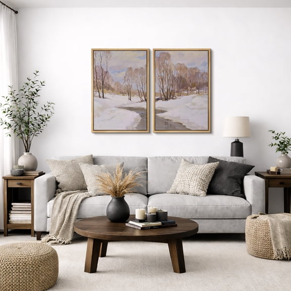 Framed Canvas Wall Art Set of 2 Winter Country Landscape Prints for Living Room Decoration - 16"x24"x2 NATURAL