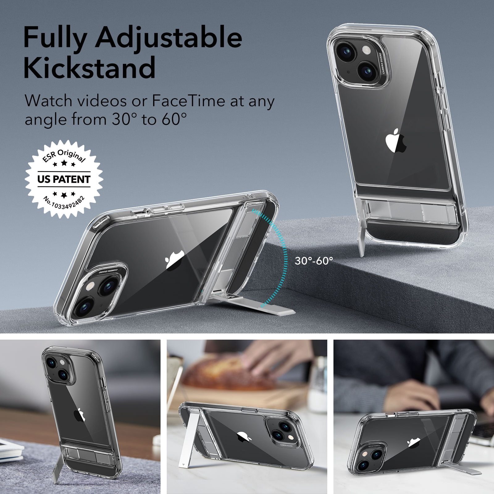 ESR Metal Kickstand Case for iPhone 15 Case 2023, Patented Two-Way Stand Reinforced Drop Protection Slim Flexible Back Cover, Clear