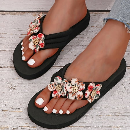 

Cathalem Summer Slippers For Women Ladies Flip Flops Open Toe Flowers Bohemian Sandals Casual Womens Platform Flip Flops Size 8 Black 6.5