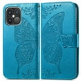 thumbnail image 1 of Wallet Case for iPhone 11, PU Leather Flip Protective Phone Case Wrist Strap Card Slots Holder Pocket Emboss Butterfly Flower Stand Case for iPhone Blue, 1 of 7