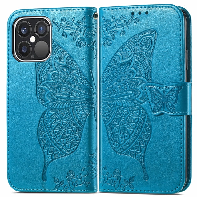 Wallet Case for iPhone xr, PU Leather Flip Protective Phone Case Wrist Strap Card Slots Holder Pocket Emboss Butterfly Flower Stand Case for iPhone Blue