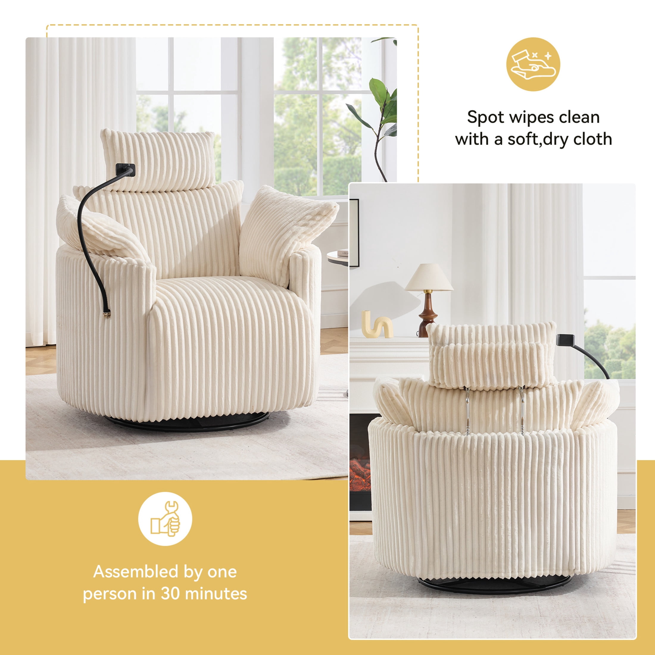 Noble House Sigrid 360° Swivel Rocking Recliner Chair, Electric Power Adjustable Corduroy Armchair with USB, White