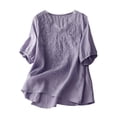 thumbnail image 4 of Women's Short Sleeve T-shirt Embroidered Tops For Women Floral Cotton Linen Tunic Tshirt Tee Women 3/4 Sleeve V Neck Button Boho Ethnic,Purple Women's Short sleeve T-shirt XXXL, 4 of 7