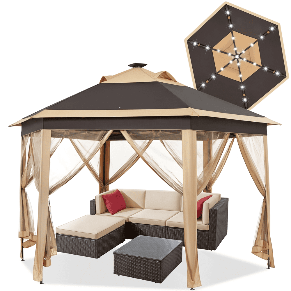 Alden design 13′*11′Hexagonal Pop-Up Gazebo W/ Mesh Netting Sides & 25 Solar LED Lights, Khaki/Brown