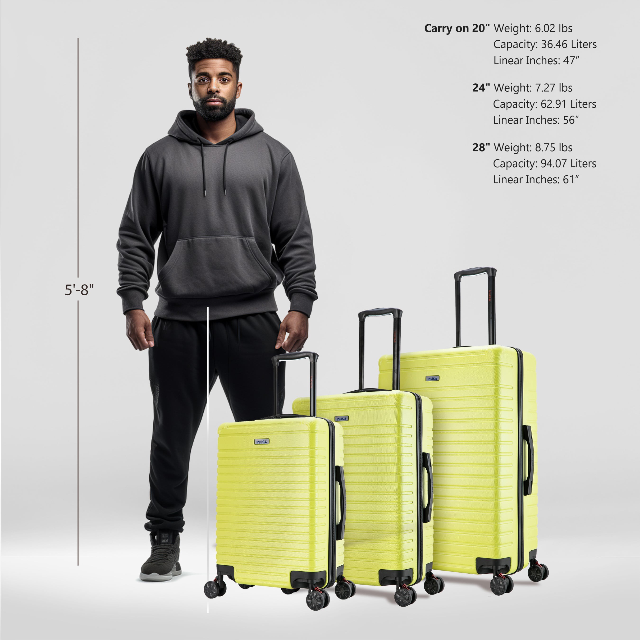 InUSA Deep 3-Piece Hardside Luggage Sets with Spinner Wheels, Handle, Trolley, (20"/24"/28"), Green