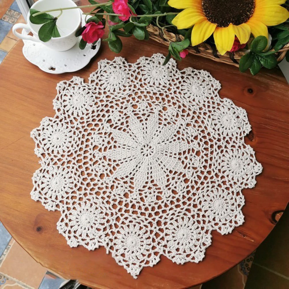 Lovely Flower Crochet Lace Braided Handle Cotton Quilted Round Storage Basket A 