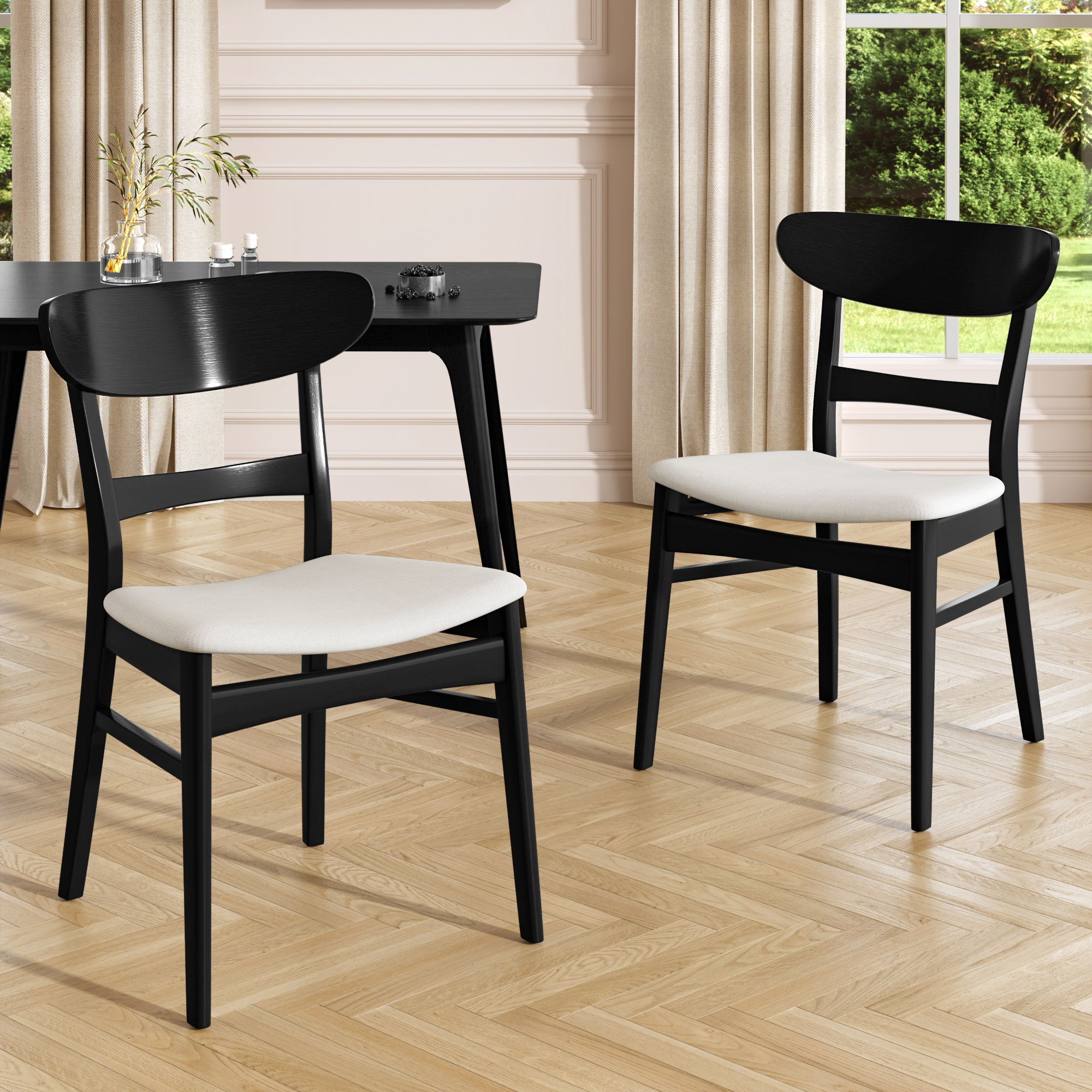 Euroco Wooden Dining Chairs Set of 2, Mid Century Modern Upholstered Kitchen Side Chairs with Curved Backrest,Dining Room Chair for Home,Light Beige