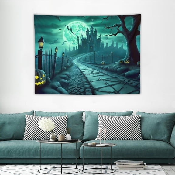 JRXY Halloween Tapestry Night Wall Hanging Haunted Woods with Grave and Pumpkins for Bedroom Living Room Decor 40x30in