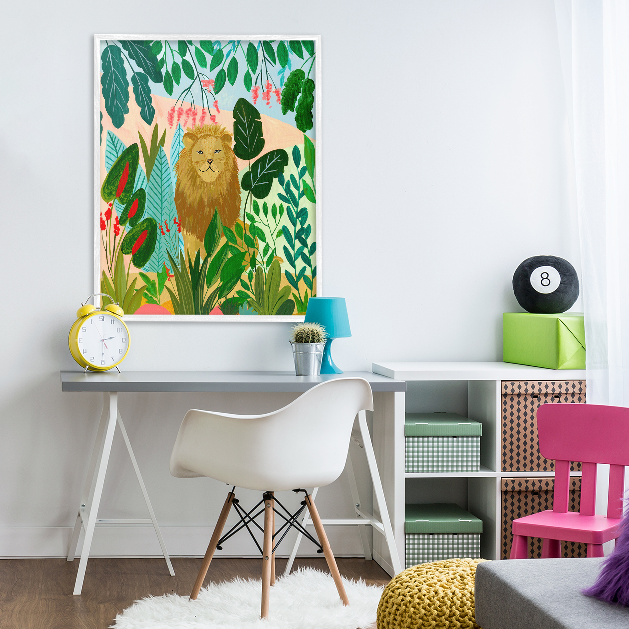 Stoic Lion Tropical Forest White Framed Giclee Art, design by Nabeela Rumi