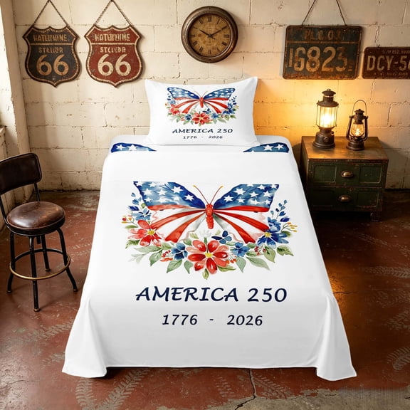 Manfei Watercolor Butterfly Twin Sheets, Patriotic Floral 250 Print Bedding, White, Polka Dots Reversible 3-Piece (1 Flat Sheet, 1 Fitted Sheet and 1 Pillowcase)