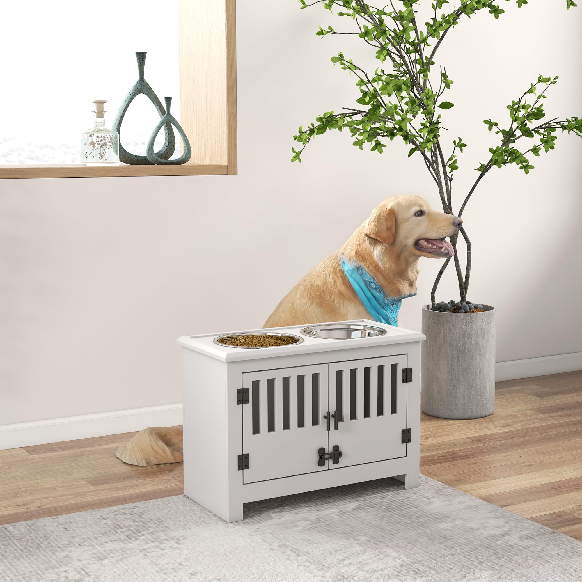 Large Elevated Dog Bowls Stand with Storage Cabinet, 37L Capacity Raised Pet Feeder Station for Large Dogs, Modern Kitchen Decor, White