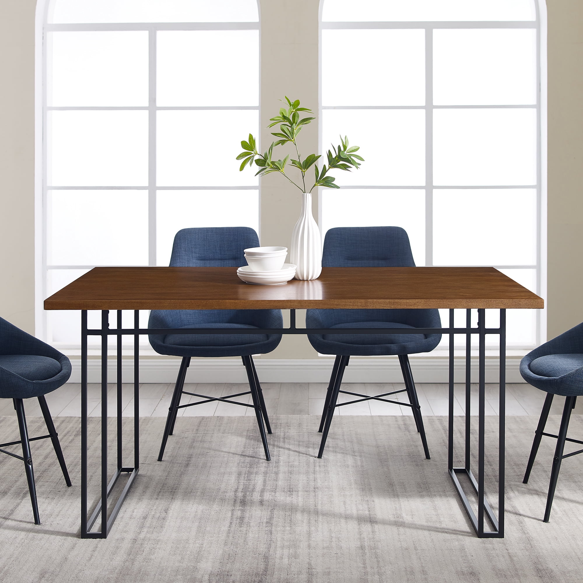 Manor Park Modern 59.75 in x 35.75 in x 30 in Metal Dining Table, Walnut/Black