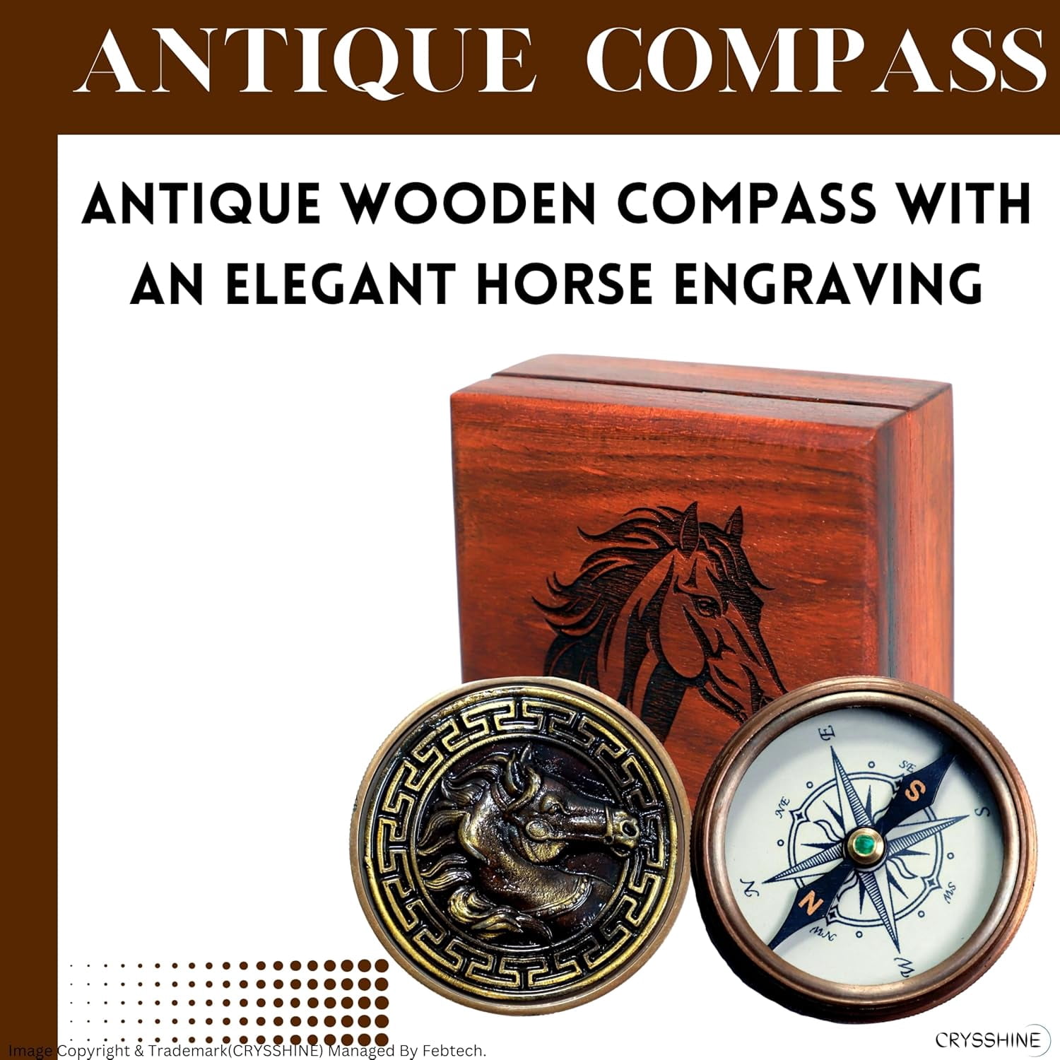Navy Collection Compass -2 Inches with Wooden Storage Box – Detailed Horse Engraving on Both Compass and Box – Ideal for Collectors and Gifts