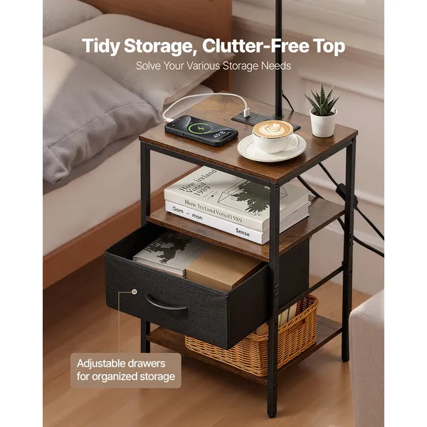 Floor Lamp with Table, 3-Tier End Table with Drawer and 3 Color Temperature Lighting, Modern Side Nightstand Bedside Desk with USB & Type C & AC Charging Port for Living Room, Bedroom, Dorm