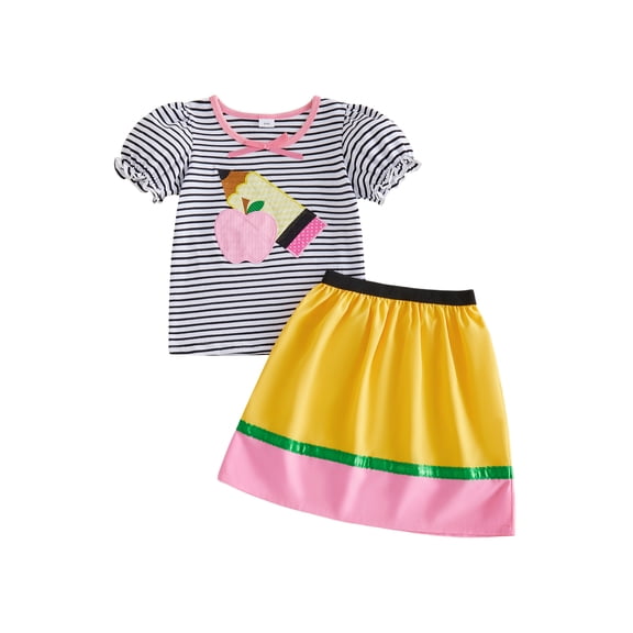 BemeyourBBs Toddler Baby Back to School Outfit First Day of School Kindergarten Outfit Baby Girls Summer Clothes Puff Short Sleeve Apple Pencil Embroidery Striped T Shirt Tops and Skirt Set