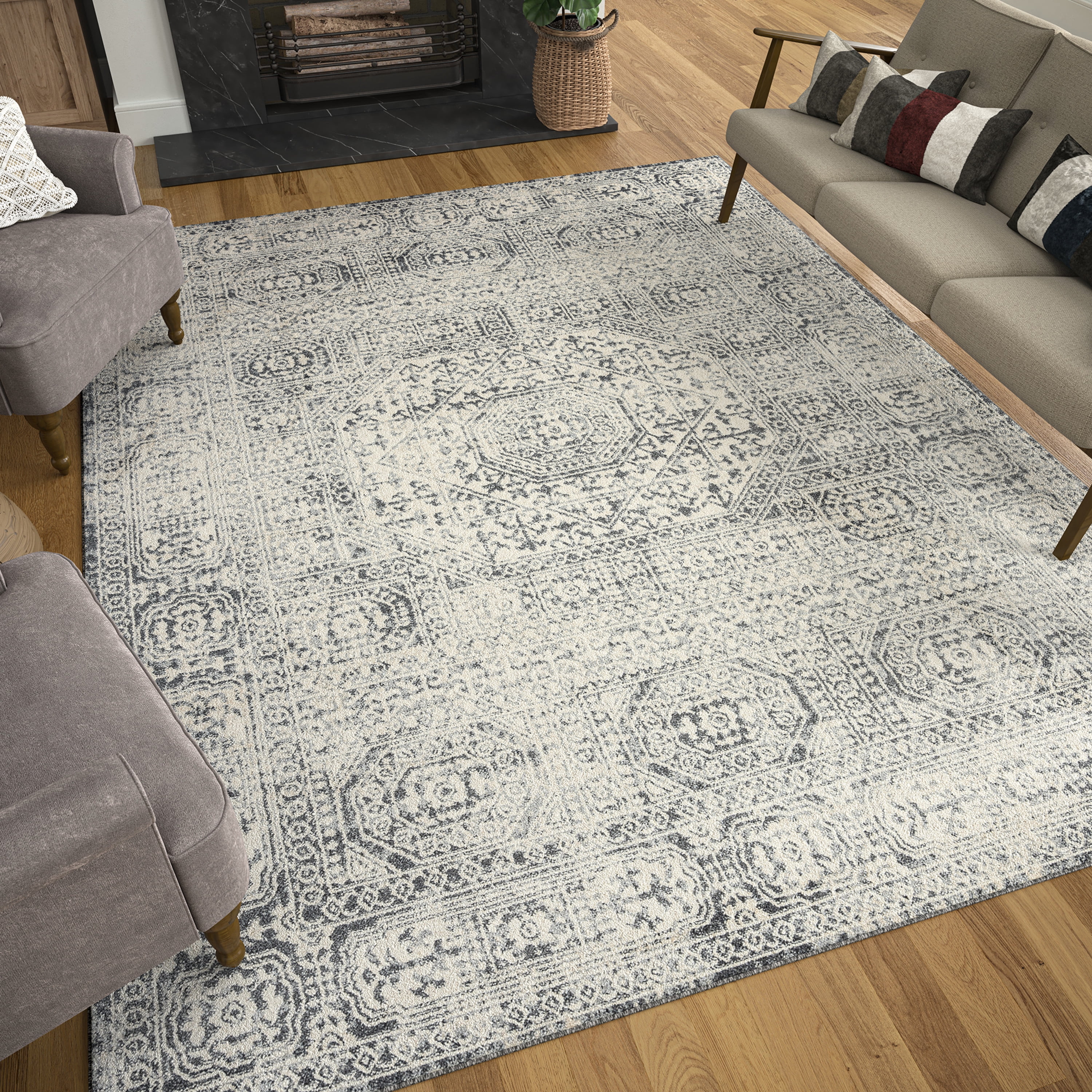 Traditional 8x10 Area Rug (7'11'' x 10'3'') Oriental Gray, Gray Living Room Easy to Clean