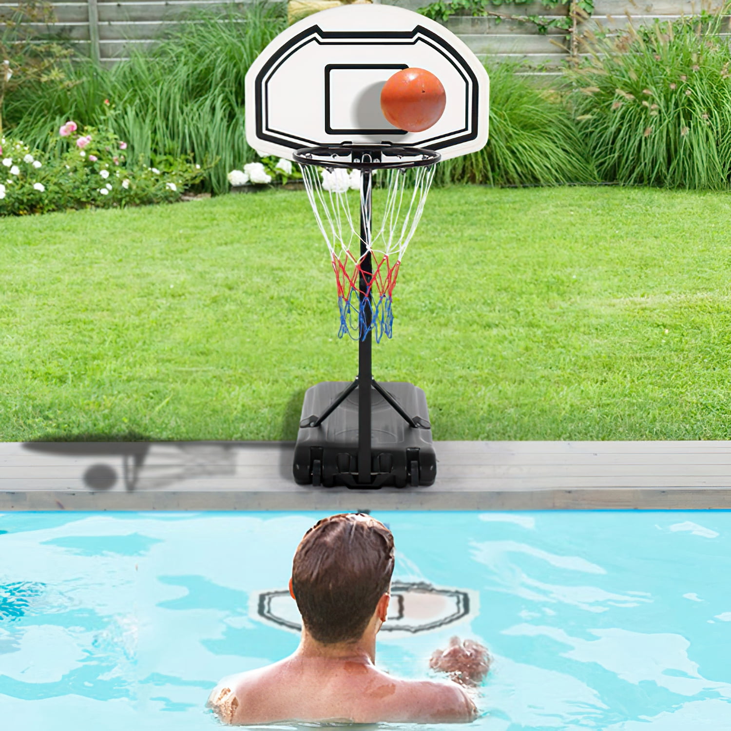 Kadyn 28" x 19" Backboard Adjustable Pool Basketball Hoop, Removable Youth Basketball Stand W/Wheels, White & Black Kadyn 28" x 19" Backboard Adjustable Pool Basketball Hoop, Removable Youth Basketball Stand W/Wheels, White & Black