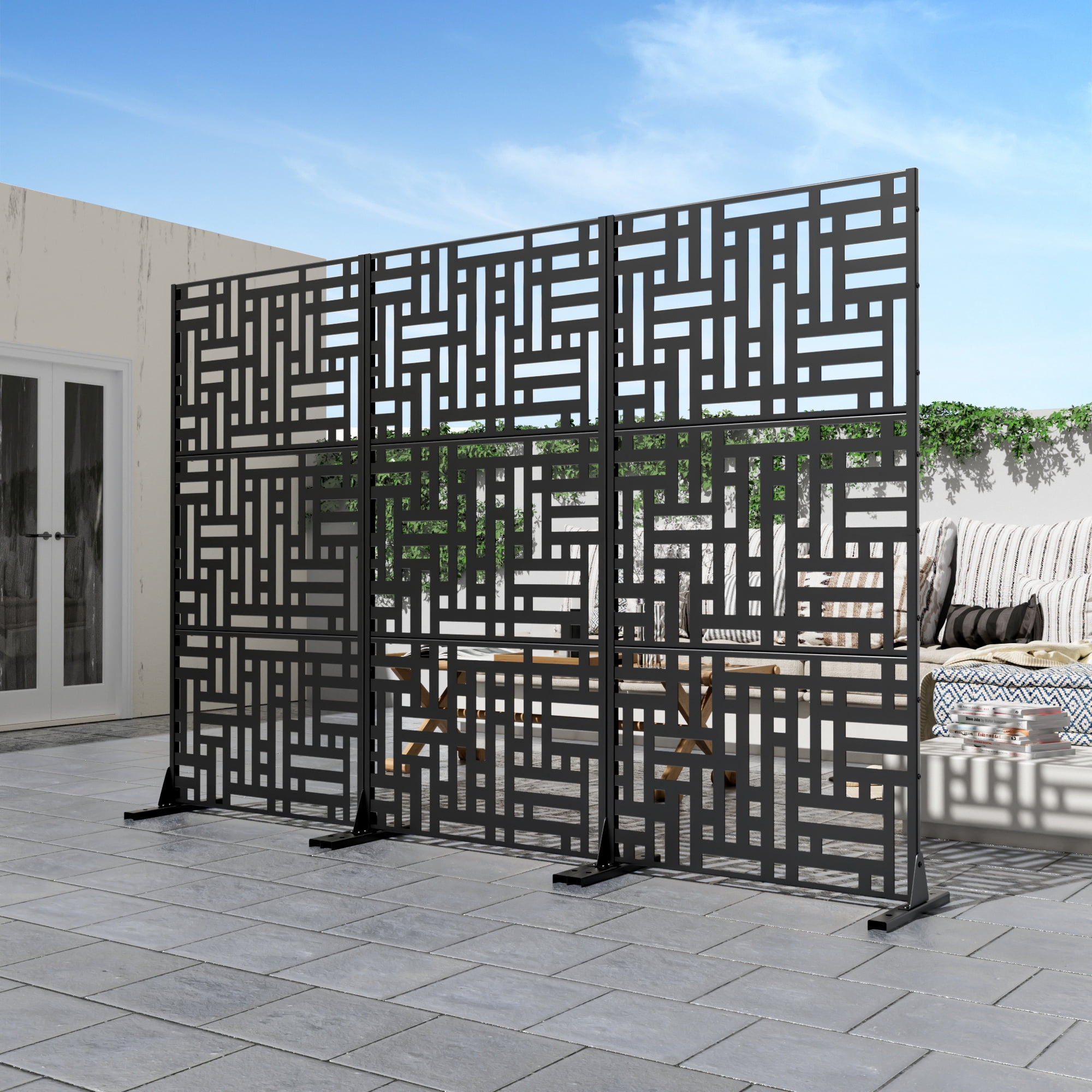 72"x35"x16" Outdoor Privacy Screen with Stand Metal Balcony Decorative Screen,Black