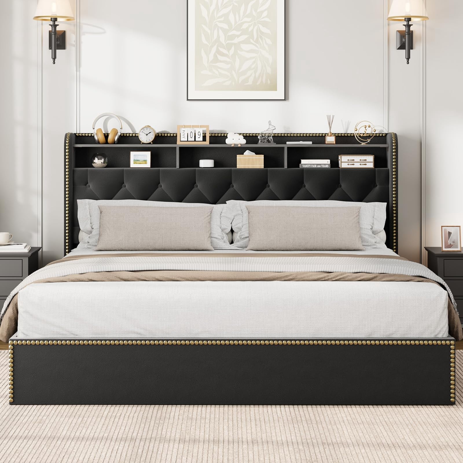 Towallmark Queen Size Bed Frame with Upholstered Headboard 2-Tier Shelf, Black Velvet Tufted Platform Bedframe with 4 Storage Drawers, Wooden Slats Support, No Box Spring Needed