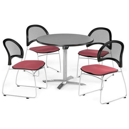 OFM Multi-Use Break Room Package, 36" Round Flip-Top Table with Moon Stack Chairs, Gray Nebula Finish with Black Seats (PKG-BRK-169)