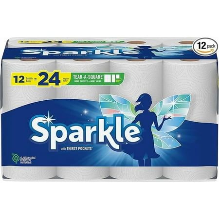 Sparkle Tear-A-Square Paper Towels, 12 Double Rolls = 24 Regular Rolls, Customizable Sheet Size Paper Towel