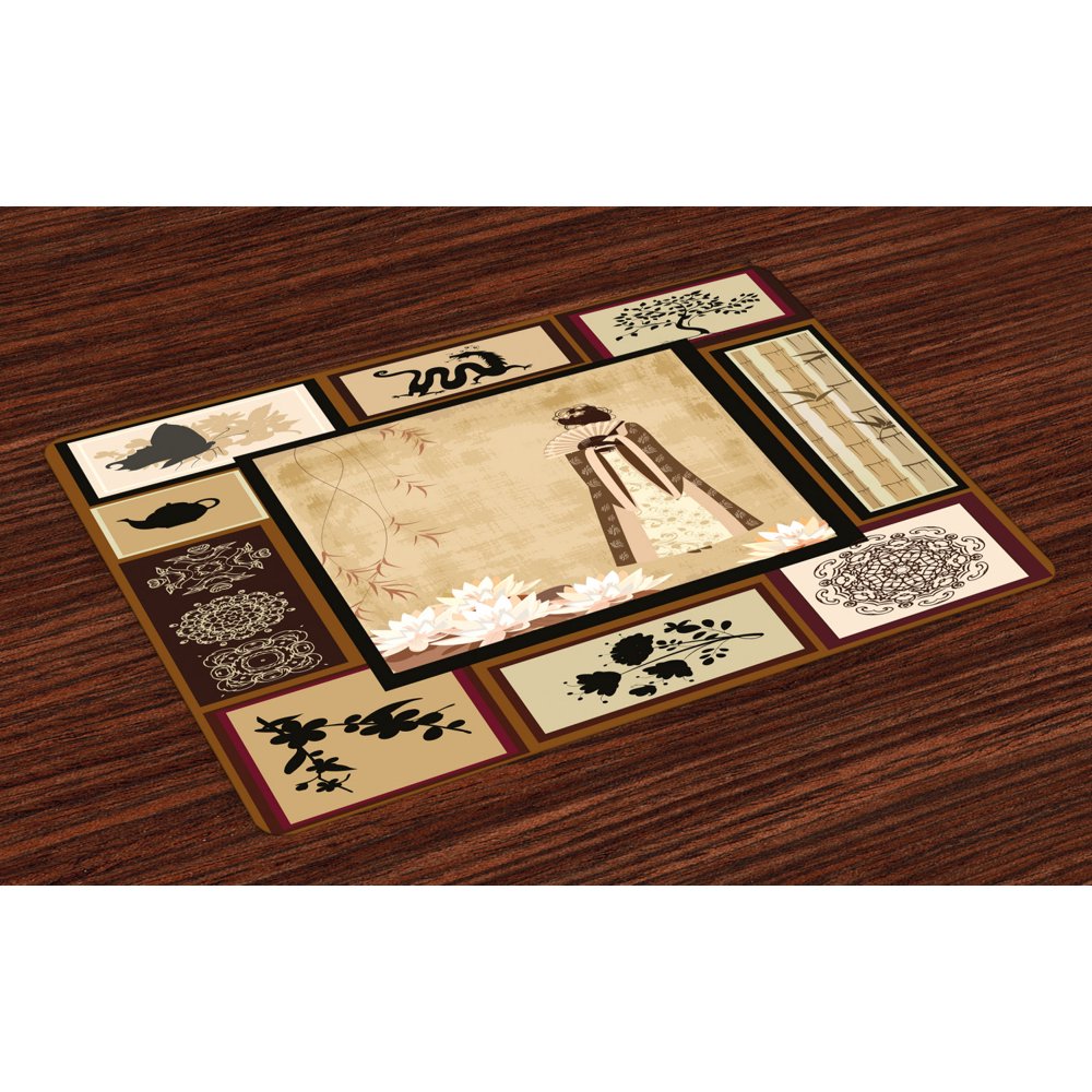 Japanese Placemats Set of 4 Girl in Traditional Dress and Cultural Patterns Ornaments Antique
