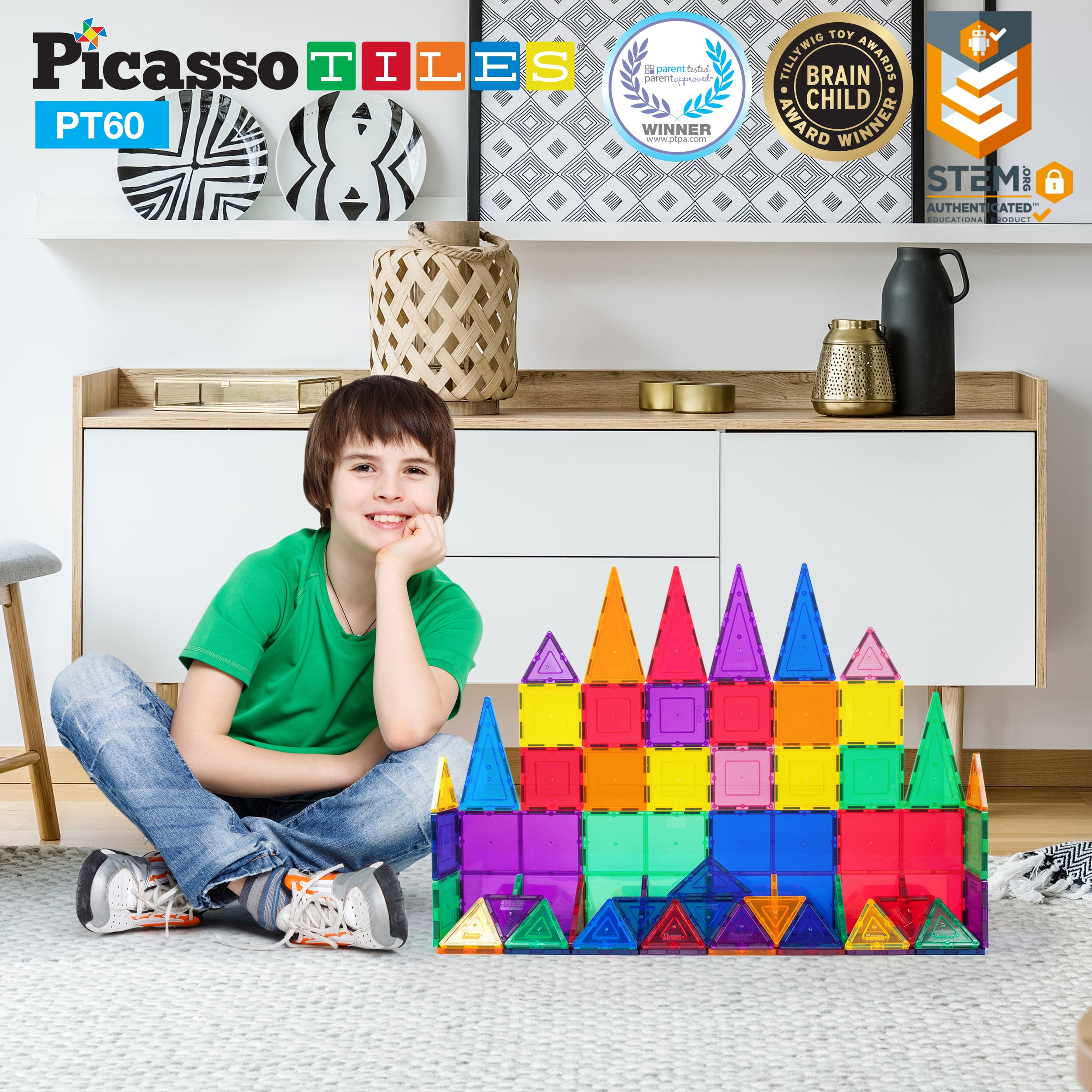 PicassoTiles 60 Pieces Clear 3D Magnetic Building Blocks Tiles Set 