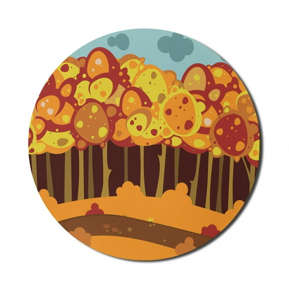 Woodland Mouse Pad for Computers, Forest in Autumn Cartoon Composition Simplistic Nature, Round Non-Slip Thick Rubber Modern Gaming Mousepad, 8" Round, Yellow Vermilion, by Ambesonne