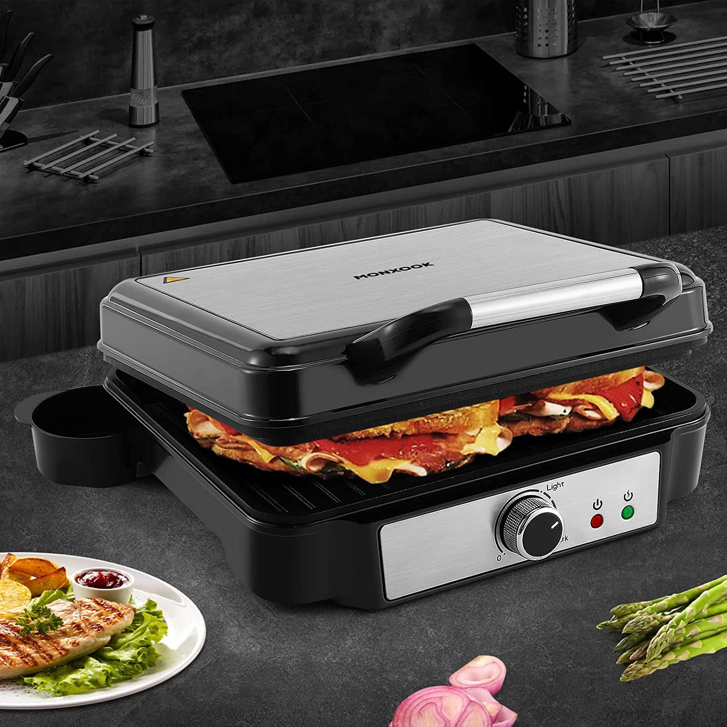 Monxook Panini Press Grill, 3-in-1 Sandwich Maker & Electric Grill, Non-Stick Coated Plates, Temperature Control, Opens 180 Degrees, Removable Drip