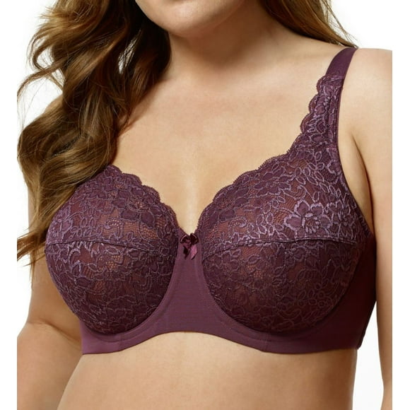 Women's Elila 2311 Full Coverage Stretch Lace Underwire Bra (Plum 42G)