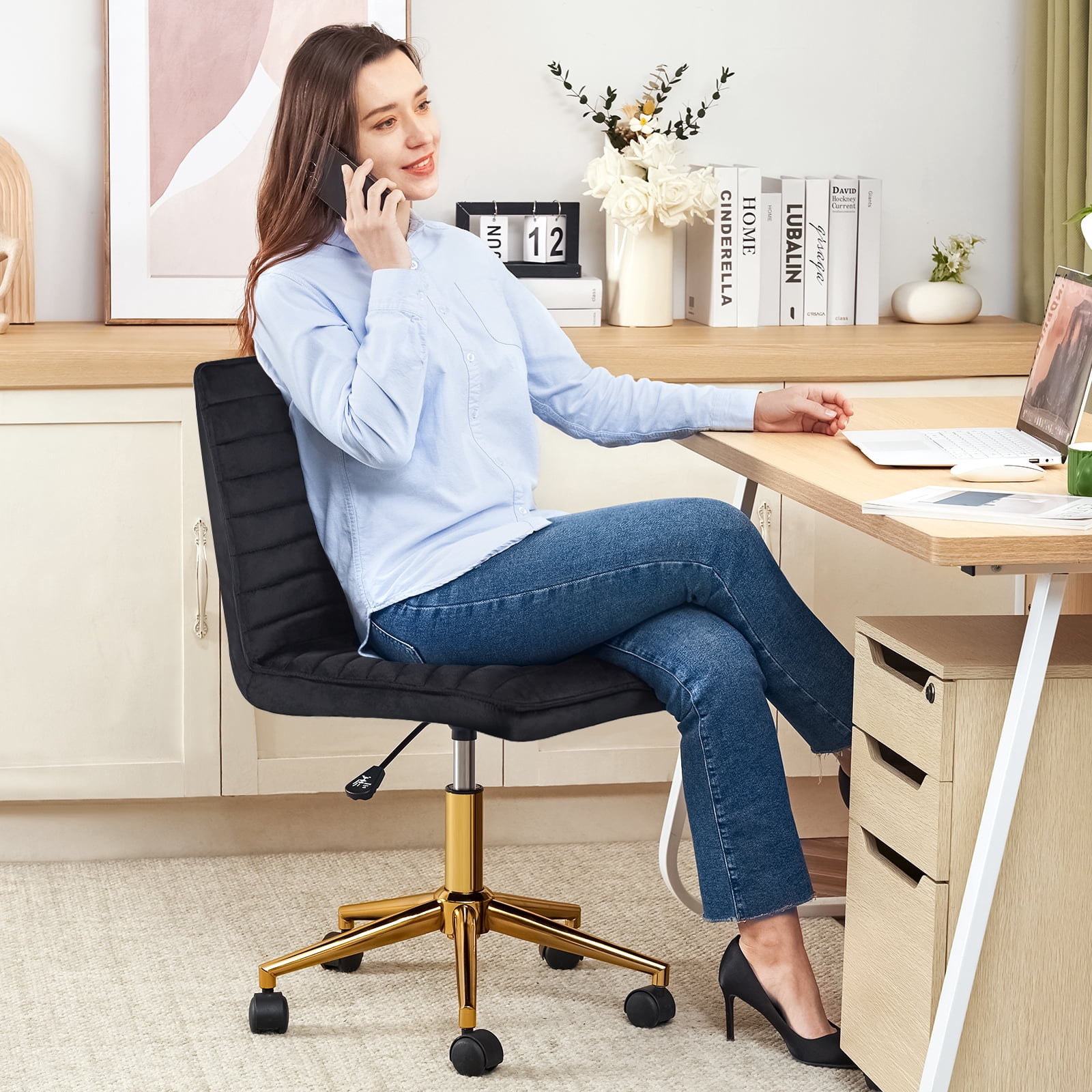 Furniliving Mid-Back Armless Desk Chair, Velvet Swivel Office Chair,Adjustable Rolling Computer Chair for Living Room, Black