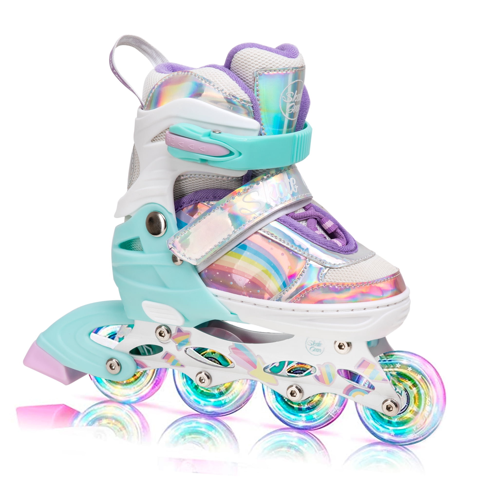 Skate Gear Rainbow Adjustable Light up Inline/Quad Roller Skates for Girls and Boys (Pink - Inline, Large)