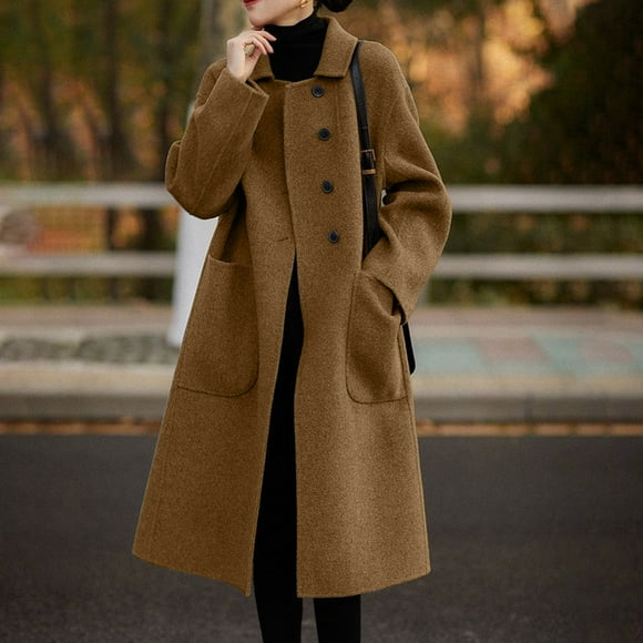 EGNMCR Trench Coats for Women Notch Lapel Single Breasted Wool Long Jacket Winter Solid Color Overcoat Coats with Pockets