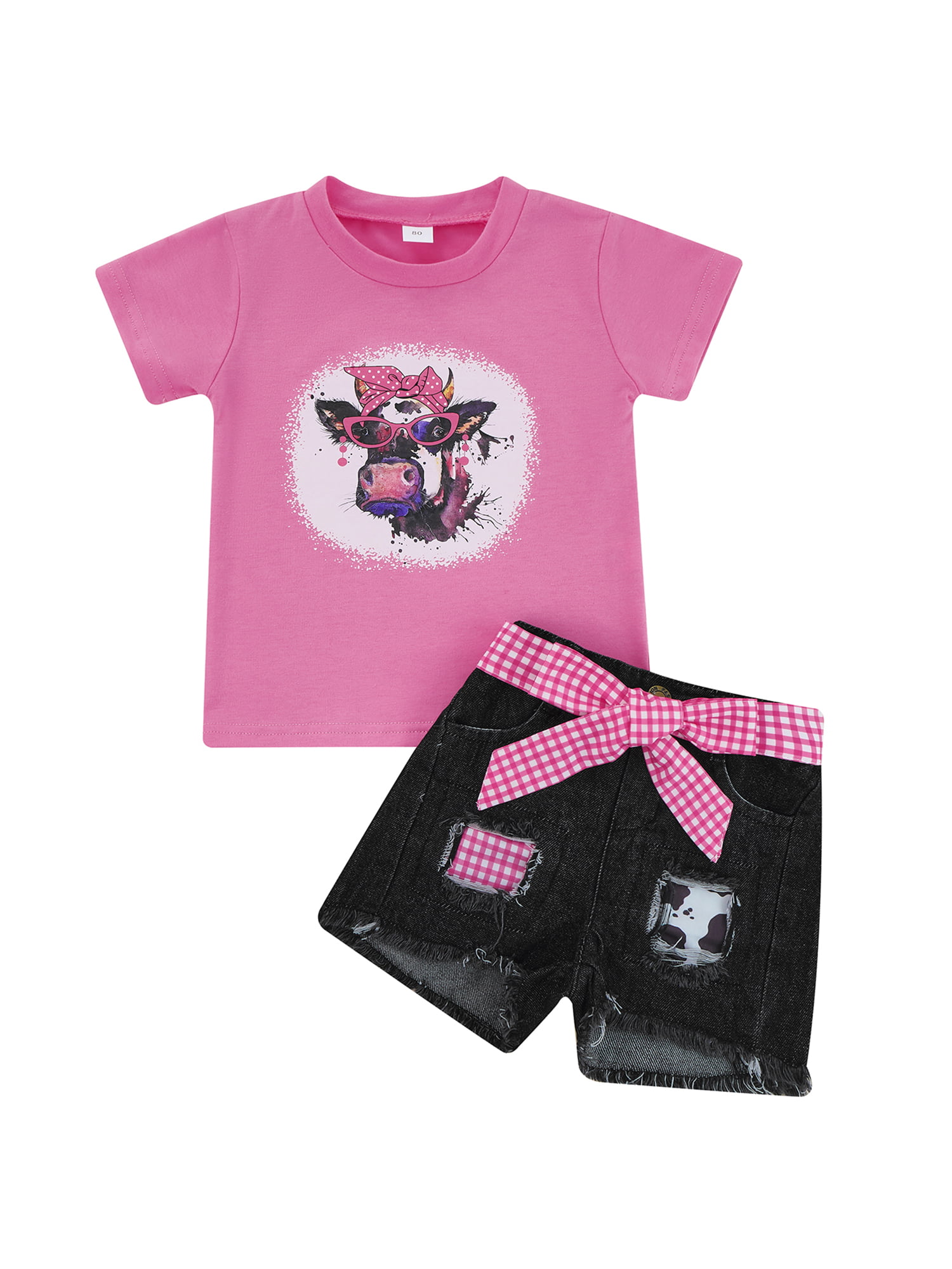 Tempura Girls Three-piece Pants Suit, Rosy Cartoon Cow Print T-shirt, Ripped  Denim Shorts and Waistband 