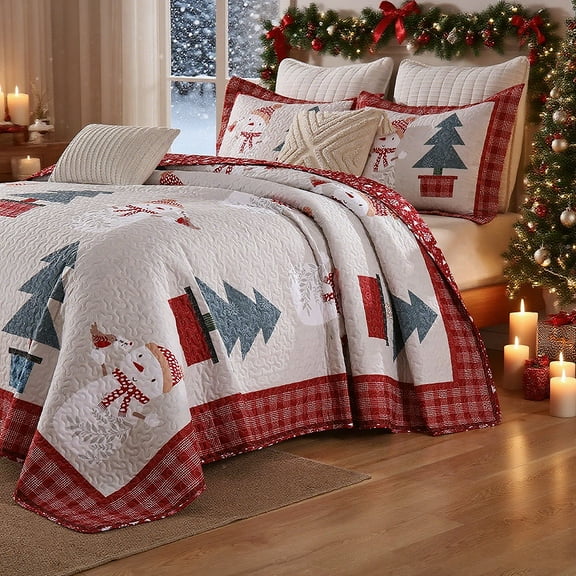 3 Pcs Snowman & Tree Christmas Quilt Reversible Holiday Bedspread Set Queen/King Polyester Bedding
