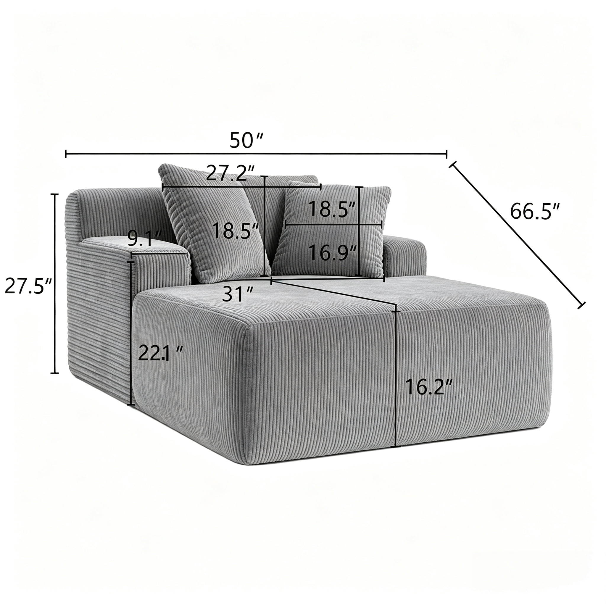ShiKeyi 66'' Chaise Lounge Chair Indoor, No Assembly Required Cloud Floor Sofa Bed, Deep Seat Boneless Plush Corduroy Upholstered Couch with Pillows, Gray