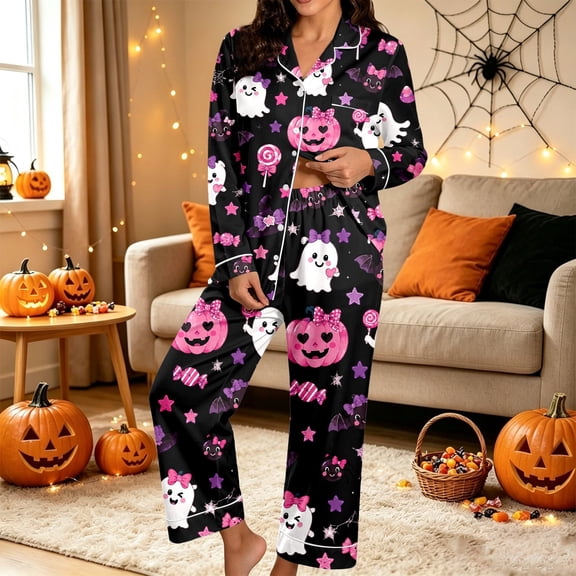 Huowey Womens Halloween Pajamas Set Long Sleeve Button Down Tops And Pants 2 PC Bow Ghost Pumpkin Graphic Lapel Cozy Party Loungewear,Black,L