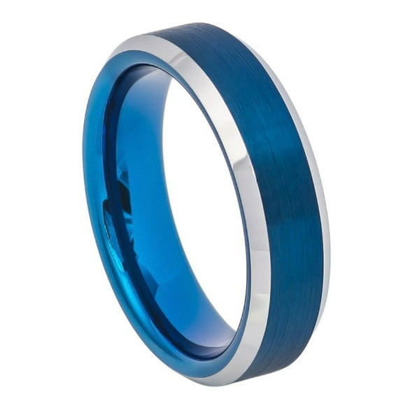 6MM Comfort Fit Tungsten Carbide Wedding Band High Polish Beveled Edge Brushed Blue Tone Ring (5 to 12)