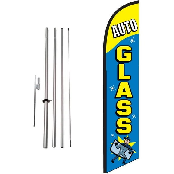 Auto Glass Advertising Feather Banner Swooper Flag Sign with Flag Pole Kit and Ground Stake