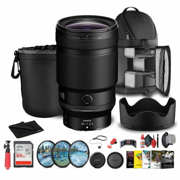 Nikon NIKKOR Z 35mm f/1.2 S Prime Lens Autofocus Professional Bundle Backpack Software Filter Kit 64GB Card Tripod Cleaning Kit (International Model)