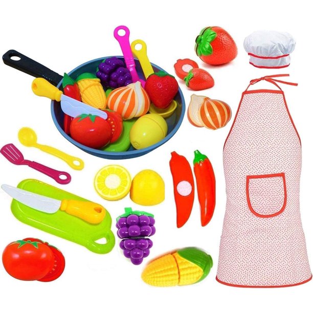 Play Kitchen Accessories Set for Kids Cutting Toy Fruits & Vegetables Cooking Pan Apron
