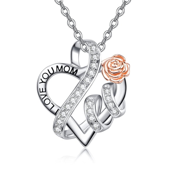 TANGPOET Mom Necklace S925 Sterling Silver Heart Necklace I Love You Mom Necklace Rose Flower Jewelry Mother's Day everyday Birthday Gifts for Women